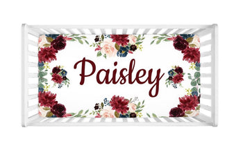 Floral Crib Sheet Blush Pink Burgundy Red Navy Blue Maroon Flowers C114