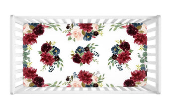 Floral Crib Sheet Blush Pink Burgundy Red Navy Blue Maroon Flowers C114-Sweet Blooms Decor