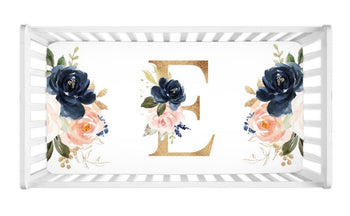 Floral Crib Sheet Watercolor Navy Blue Coral Blush Pink Flowers C110-Sweet Blooms Decor