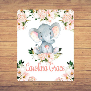 Floral Elephant Name Blanket Blush Pink Coral Watercolor Flowers Baby Shower Gift Nursery Crib Bedding Newborb Todler Birthday Gift B1175