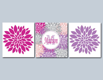 Floral Girl Bedroom Wall Art Purple Pink Lavender Gray Bedroom Decor Monogram Name Art Pink Purple Name Wall Art-Sweet Blooms Decor