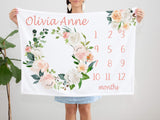 Floral Girl Milestone Blanket, Baby Girl Month Blanket, Coral Peach Flowers Baby Girl Wreath Monthly Blanket Baby Shower Gift  B1210