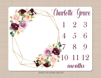 Floral Girl Milestone Blanket Blush Pink Purple Magenta Burgundy Red Maroon Watercolor Flowers Wreath Baby Name Shower Gift Gold Frame B951-Sweet Blooms Decor