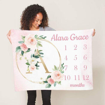 Floral Girl Milestone Blanket Flowers Wreath Coral Pink Blush Gold Personalized Newborn Baby Watercolor Roses Flowers Baby Shower Gift B968