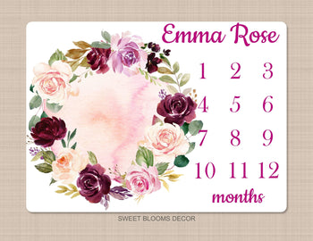 Floral Girl Milestone Blanket Personalized Blush Pink Purple Magenta Burgundy Red Watercolor Flowers Wreath Baby Girl Name Shower Gift B942