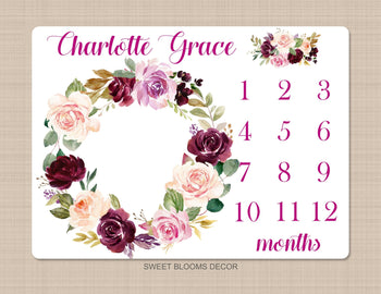 Floral Girl Milestone Blanket Personalized Blush Pink Purple Magenta Burgundy Red Watercolor Flowers Wreath Baby Girl Name Shower Gift B944-Sweet Blooms Decor
