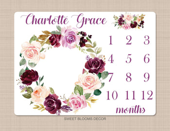 Floral Girl Milestone Blanket Personalized Blush Pink Purple Magenta Burgundy Red Watercolor Flowers Wreath Baby Girl Name Shower Gift B945-Sweet Blooms Decor