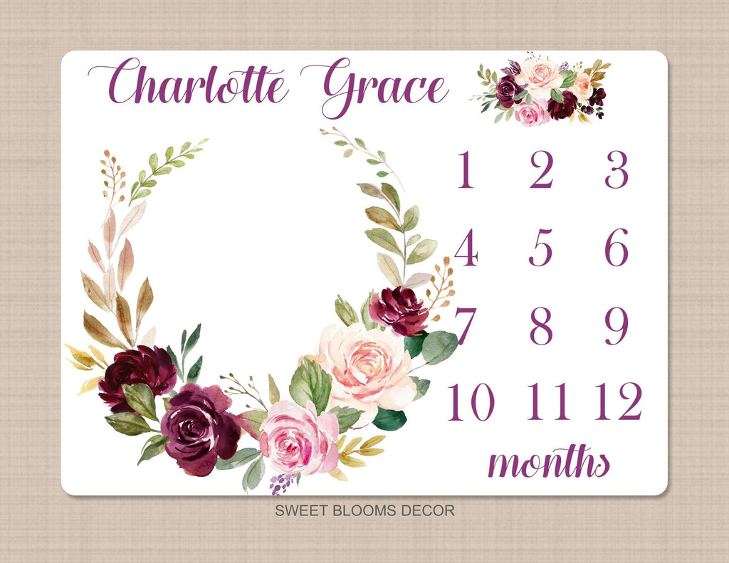 Floral Girl Milestone Blanket Personalized Blush Pink Purple Magenta Burgundy Red Watercolor Flowers Wreath Baby Girl Name Shower Gift B946