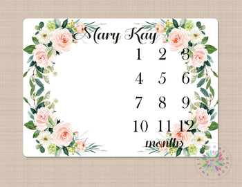 Floral Girl Milestone Blanket Personalized Coral Pink Blush  Flowers Monthly Growth Photo Prop Newborn Baby Girl Name Baby Shower Gift B683
