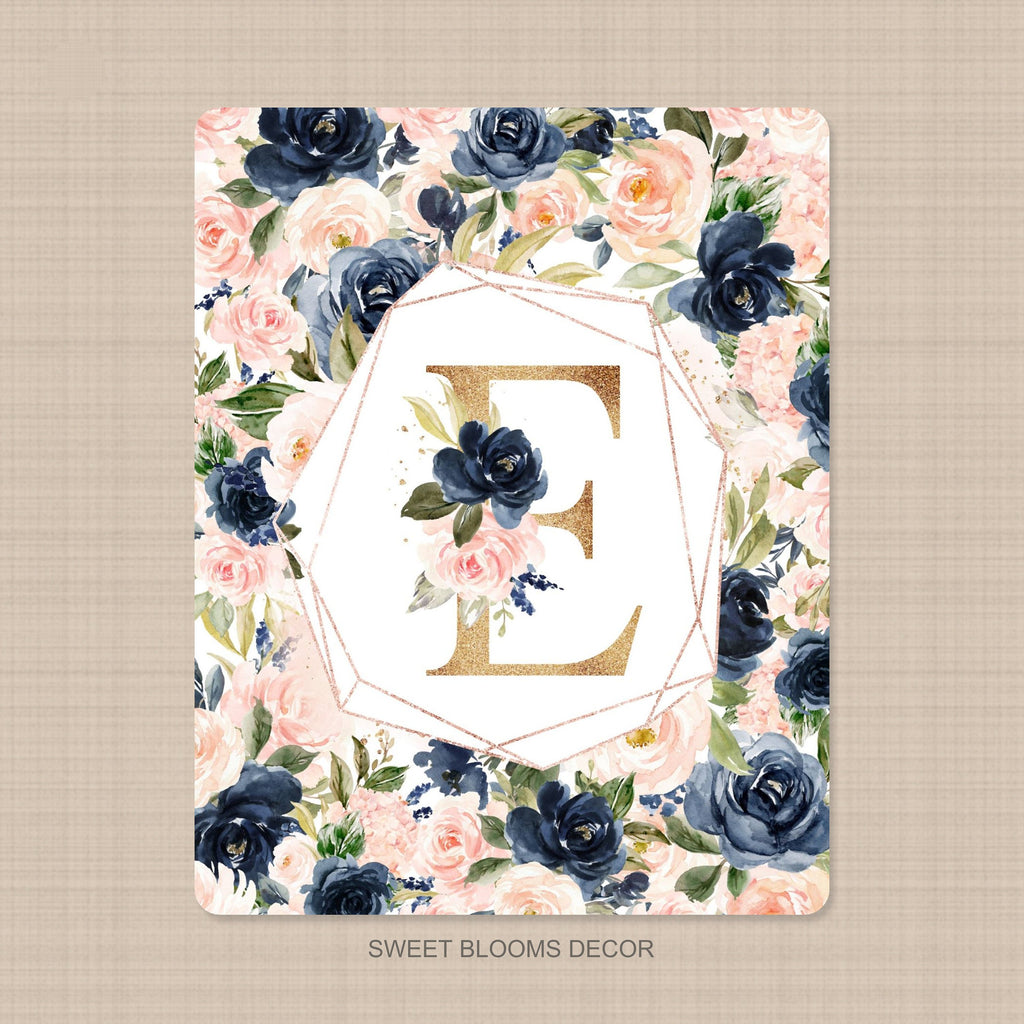 Floral Girl Name Blanket Coral Blush Pink Gold Navy Flowers
