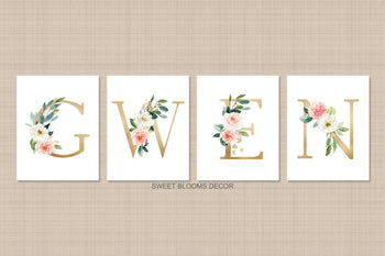 Floral Girl Name Nursery Wall Art Watercolor Pink Coral Blush Gold Flowers Modern Baby Shower Gift Baby Room Decor C595-Sweet Blooms Decor