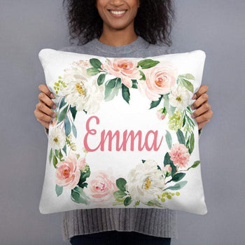 Floral Girl Name Throw Pillow Blush Pink Coral Flowers Leaves Wreath Nursery Bedroom Room Decor Cushion Watercolor Monogram Bedding 182-Sweet Blooms Decor