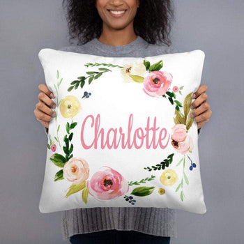 Floral Girl Name Throw Pillow Blush Pink Coral Flowers Leaves Wreath Nursery Bedroom Room Decor Cushion Watercolor Monogram Bedding 184-Sweet Blooms Decor