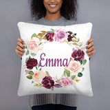 Floral Girl Name Throw Pillow Blush Pink Purple Magenta Burgundy Red Maroon Flowers Leaves Wreath Cushion Watercolor Monogram Bedding 183-Sweet Blooms Decor