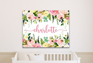 Floral Girl Nursery Name Wall Art Sign Blush Pink Coral Watercolor Flowers Baby Girl Bedroom Decor Monogram Personalized CANVAS C860-Sweet Blooms Decor