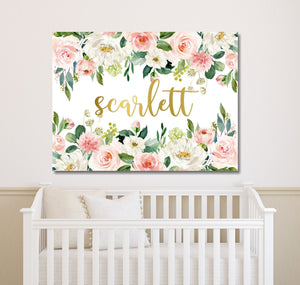Floral Girl Nursery Name Sign Wall Art Blush Pink Gold Coral C859