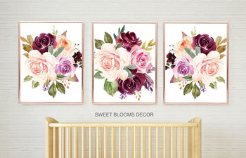 Floral Girl Nursery Wall Art Watercolor Blush Pink Coral Magenta Burgundy Red Purple Modern Flowers Baby Room Decor 853-Sweet Blooms Decor