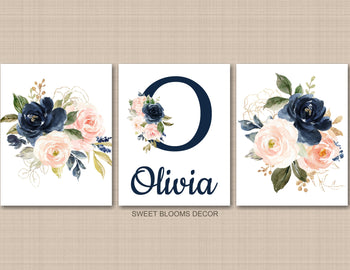 Floral Girl Nursery Wall Art Watercolor Pink Coral Blush Navy Blue Modern Boho Flowers Baby Shower Gift Baby Room 823