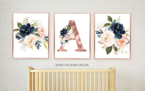 Floral Girl Nursery Wall Art Watercolor Pink Coral Blush Navy Blue Rose Gold Modern Flowers Baby Shower Gift Baby Room 823-Sweet Blooms Decor
