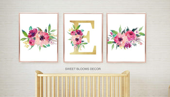 Floral Girl Nursery Wall Art Watercolor Pink Magenta Red Flowers Modern Boho Flowers Baby Shower Gift Baby Room Decor 848-Sweet Blooms Decor