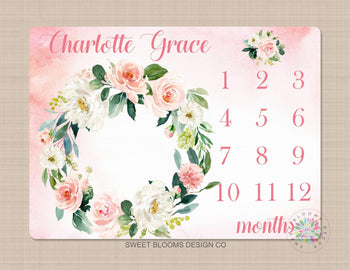 Floral Milestone Blanket Floral Wreath Coral Pink Blush Floral Personalized Newborn Baby Girl Watercolor Roses Flowers Baby Shower Gift B687