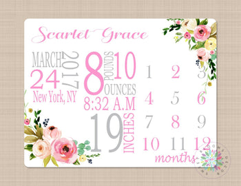 Floral Milestone Blanket Monthly Growth Tracker Pink Birth Personalized Baby Girl Blanket Gift Name Nursery Bedding Baby Shower Gift B301