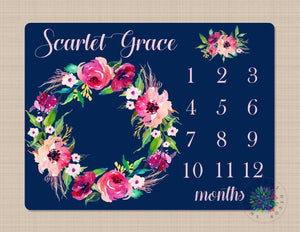 Floral Milestone Blanket Personalized Pink Navy Blue Watercolor Flowers Wreath Monthly Growth Photo Newborn Baby Girl Name Shower Gift B628