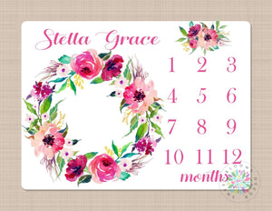 Floral Milestone Blanket Personalized Pink Purple Watercolor Flowers Wreath Monthly Growth Photo Newborn Baby Girl Name Shower Gift B379