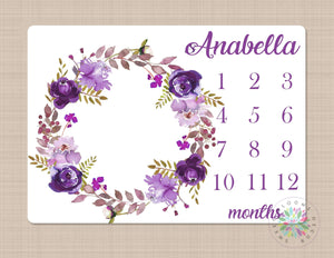 Floral Milestone Blanket Purple Flowers Wreath Personalized  Baby Blanket Monthly Growth Tracker Newborn Girl Name Baby Shower Gift B620