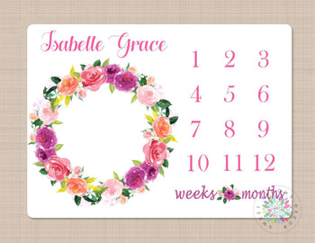 Floral Milestone Blanket  Wreath Baby Blanket Pink Purple Flowers Girl Blanket Monthly Growth Tracker Newborn Girl Baby Shower Gift B276