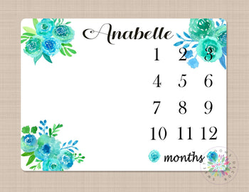 Floral Milestone Blanket Wreath Baby Blanket Teal Green Watercolor Flowers Girl Monthly Growth Tracker Newborn Girl Baby Shower Gift B285