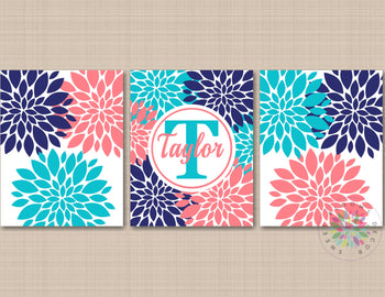 Floral Nursery Wall Art Coral Navy Teal Girl Bedroom Decor Name Monogram Bathroom Kids Bedroom Baby Shower Gif Guest C748-Sweet Blooms Decor