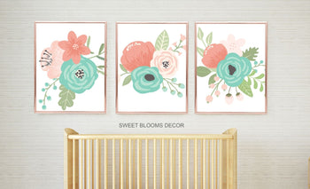 Floral Nursery Wall Art Coral Teal Aqua Mint Girl Bedroom Decor Flowers Bathroom Wall Art Guest Bedroom Decor C808-Sweet Blooms Decor