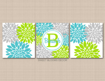 Floral Nursery Wall Art Custom Colors Flowers Girl Bedroom Decor Name Monogram Teal Turquoise Lime Green Gray Bathroom C873-Sweet Blooms Decor