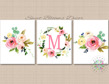 Floral Nursery Wall Art Watercolor Flowers Pink Coral Girl Bedroom Decor Roses Wall Art Monogram Name Decor Office C768-Sweet Blooms Decor