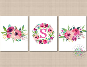 Floral Nursery Wall Art Watercolor Flowers Pink Purple Girl Bedroom Decor Roses Monogram Name Wall Decor Office Decor C735-Sweet Blooms Decor