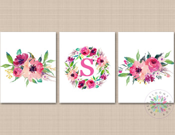 Floral Nursery Wall Art Watercolor Flowers Pink Purple Girl Bedroom Decor Roses Monogram Name Wall Decor Office Decor C735-Sweet Blooms Decor