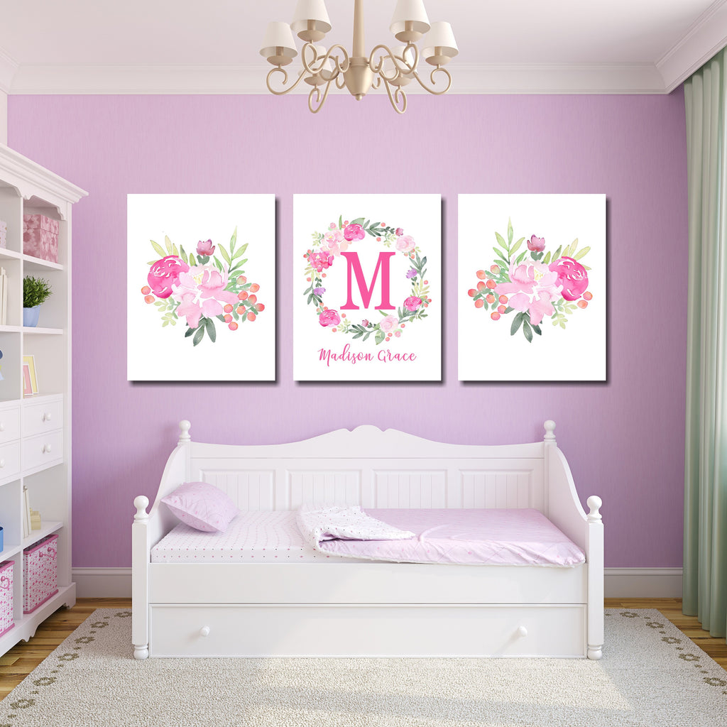 Floral Nursery Wall Art Watercolor Flowers Pink Purple Girl Rom Decor Roses Wall Art Monogram Name Wall Decor Office Decor C738-Sweet Blooms Decor
