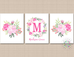 Floral Nursery Wall Art Watercolor Flowers Pink Purple Girl Rom Decor Roses Wall Art Monogram Name Wall Office Decor C738-Sweet Blooms Decor