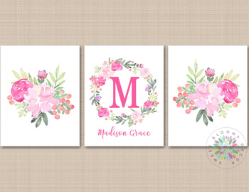 Floral Nursery Wall Art Watercolor Flowers Pink Purple Girl Rom Decor Roses Wall Art Monogram Name Wall Office Decor C738-Sweet Blooms Decor