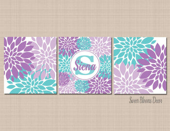 Floral Purple Teal Nursery Wall Art Lavender Aqua Flowers Baby Girl Bedroom Decor Name Monogram Baby Shower Gift Twins C423-Sweet Blooms Decor