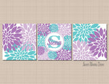 Floral Purple Teal Nursery Wall Art Lavender Aqua Flowers Baby Girl Bedroom Decor Name Monogram Baby Shower Gift Twins C423-Sweet Blooms Decor