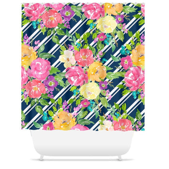 Floral Shower Curtain Navy Blue Pink Purple Yellow Flowers Shower Curtain Modern Shower Curtain Roses Shower Bathroom Decor S111