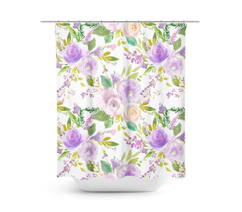 Floral Shower Curtain Purple Lavender Green Leaves  Flowers Bathroom Decor Bath Mat Modern Watercolor Guest Bathroom Girls Bathroom P106