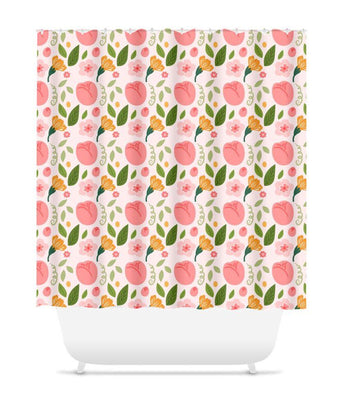 Floral Shower Curtain Tulips Leaves Coral Orange Green Modern Shower Curtain Guest Bathroom Decor S137