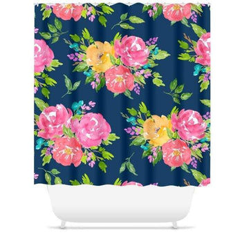 Floral Shower Curtain Watercolor Pink Navy Blue Yellow Flowers Girl Bathroom Bath Mat Towel Modern Shower Curtain Guest Bathroom S13