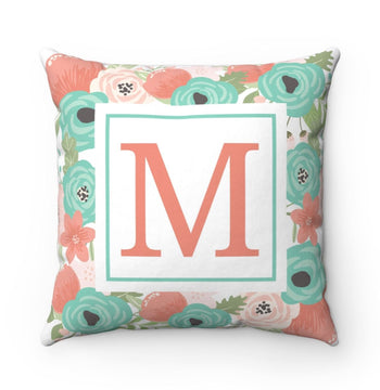 Floral Throw Pillow Coral Mint Green Teal Gray Flowers Pillow Monogram Nursery Girl Room Decor Bedding Baby Shower Gift Home Decor P162-Sweet Blooms Decor