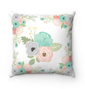Floral Throw Pillow Coral Mint Green Teal Gray Flowers Pillow Monogram Nursery Girl Room Decor Bedding Baby Shower Gift Home Decor P162-Sweet Blooms Decor