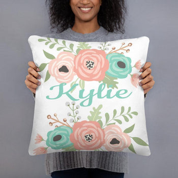 Floral Throw Pillow Coral Mint Green Teal Gray Flowers Pillow Monogram Nursery Girl Room Decor Bedding Baby Shower Gift Home Decor P164-Sweet Blooms Decor