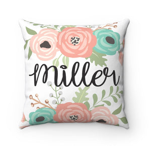 Floral Throw Pillow Coral Mint Green Teal Gray Flowers Pillow Monogram Nursery Girl Room Decor Bedding Baby Shower Gift Home Decor P164-Sweet Blooms Decor